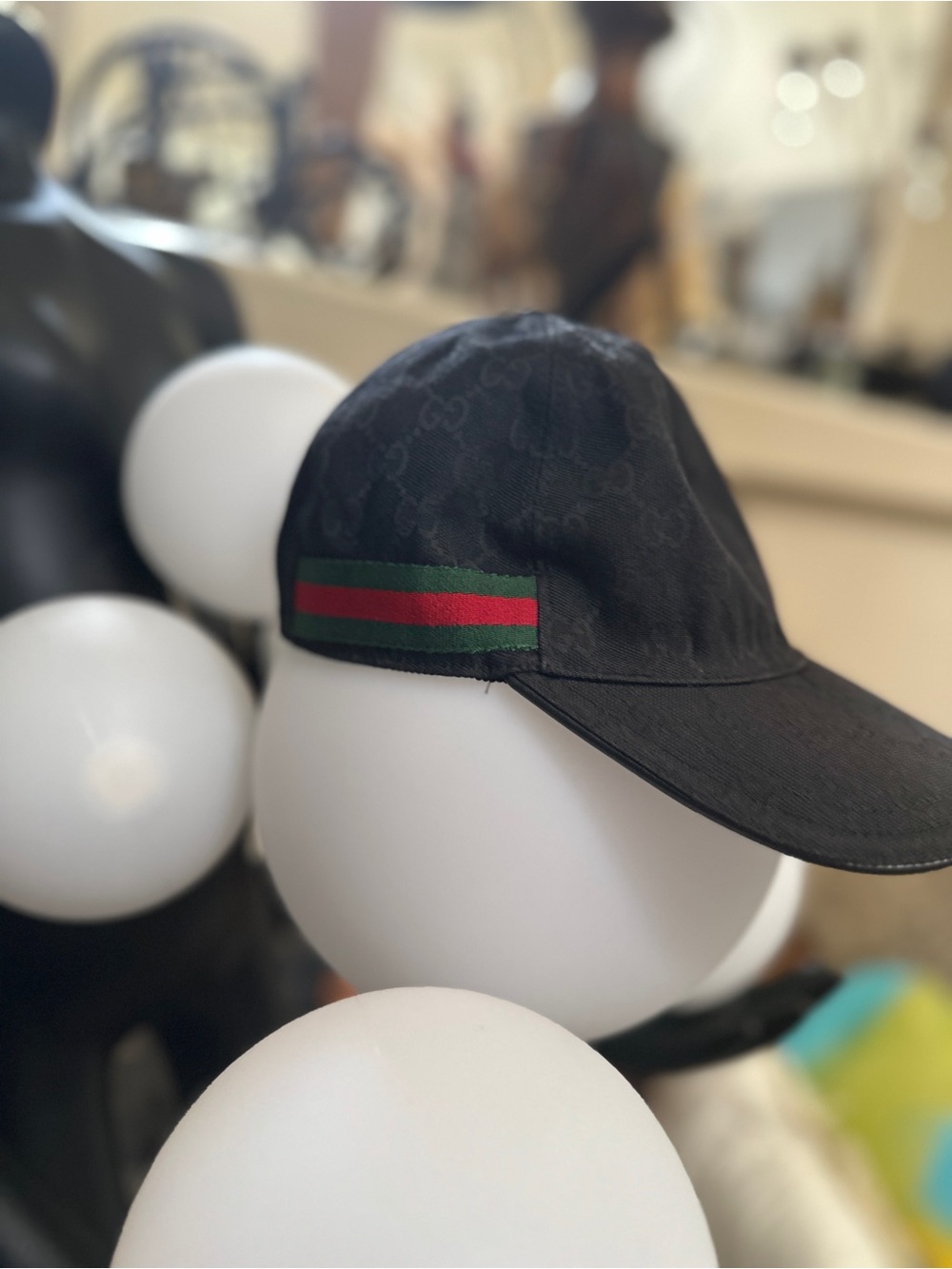 Gucci Black Monogram Baseball Cap with Green-Red Web Stripe - Picture 3 of 13